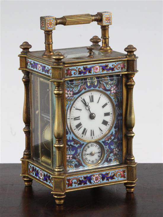 A late 19th century French gilt brass and champleve enamel hour repeating carriage alarum clock, 4.75in., with travelling case
